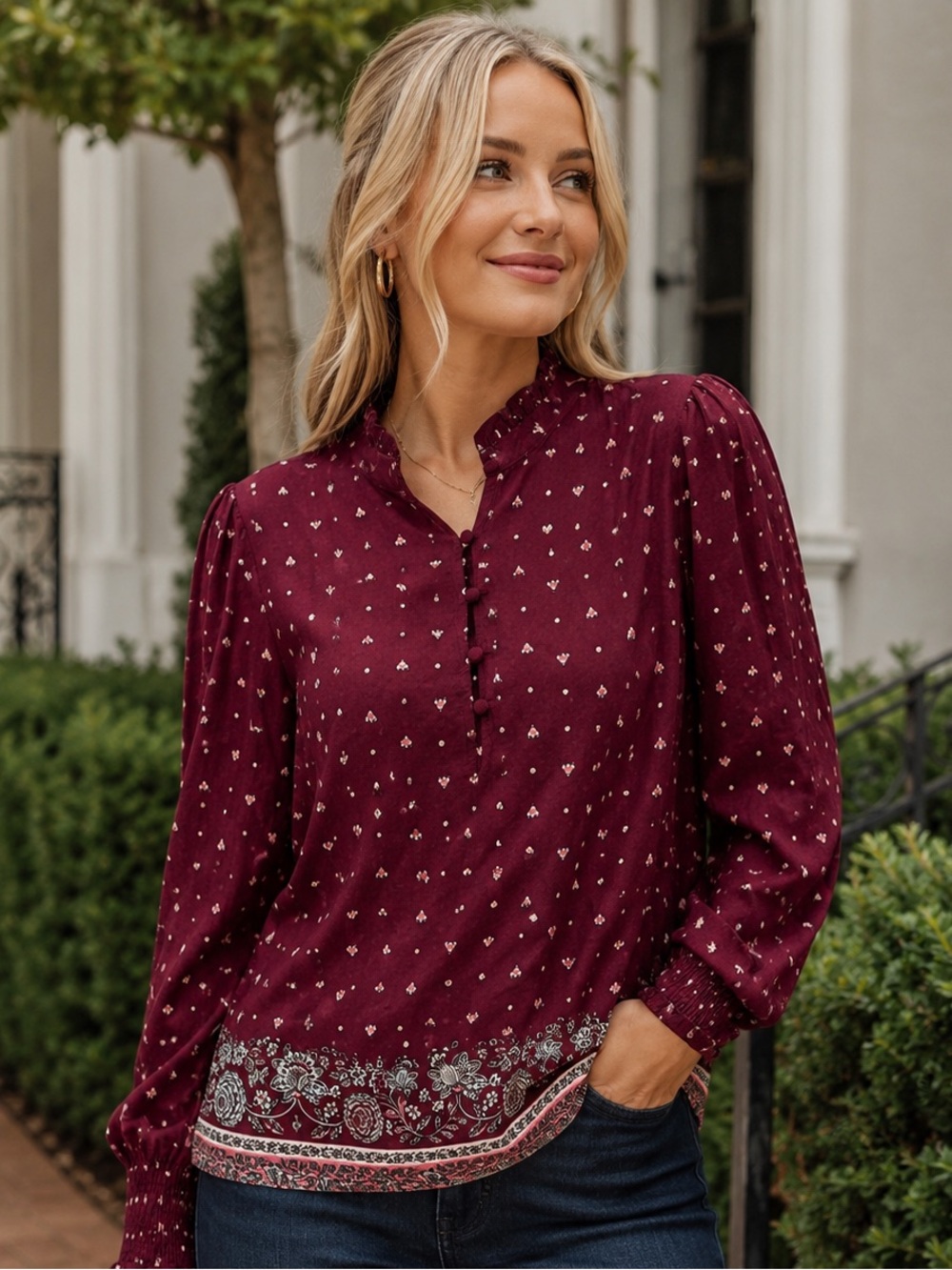Ann Taylor Factory Burgundy Floral Print Smocked Sleeve Blouse XL Boho Fall